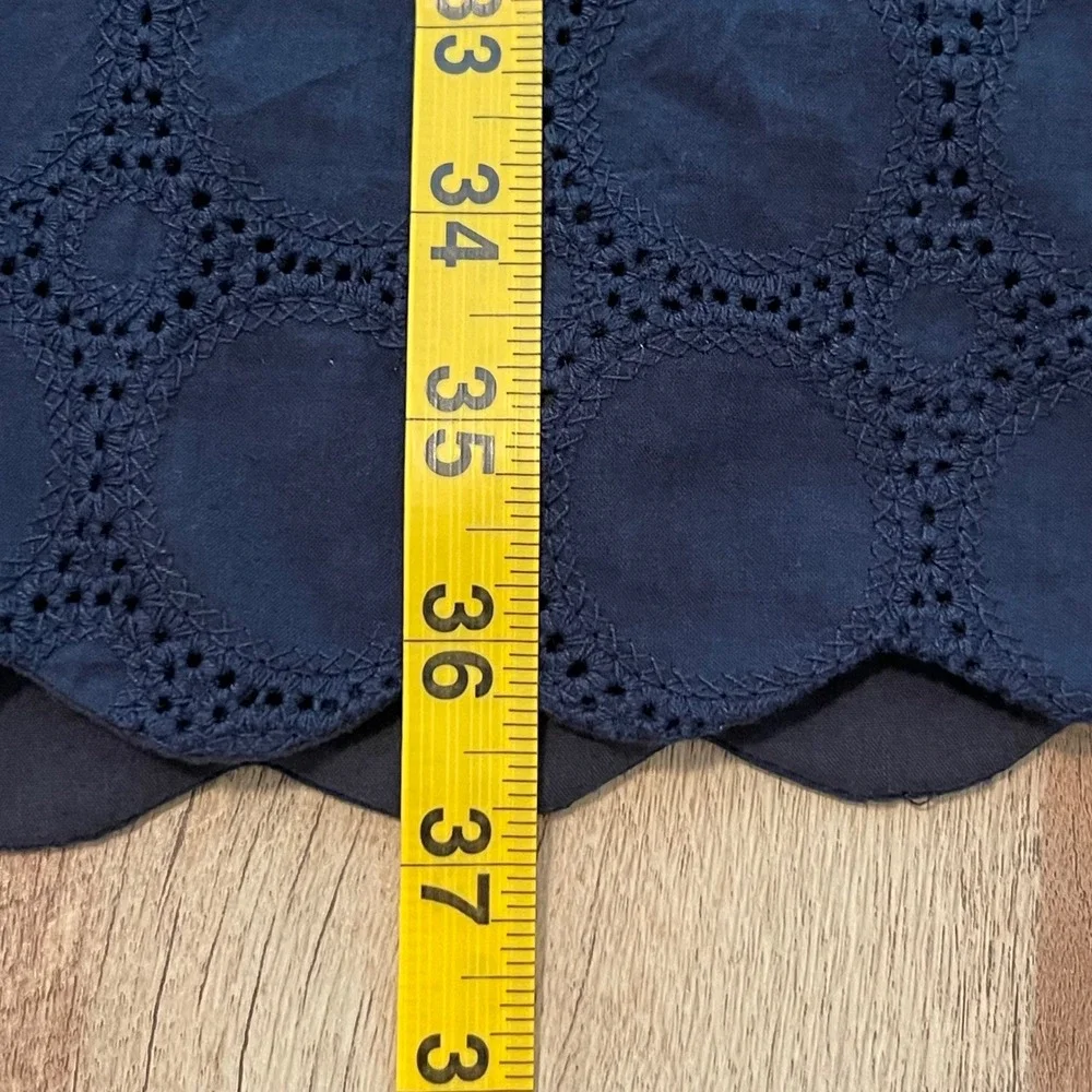 J Crew Navy Blue‎ Cotton Eyelet Dress V Neck 3/4 Sleeve Scalloped Hem Women's 14